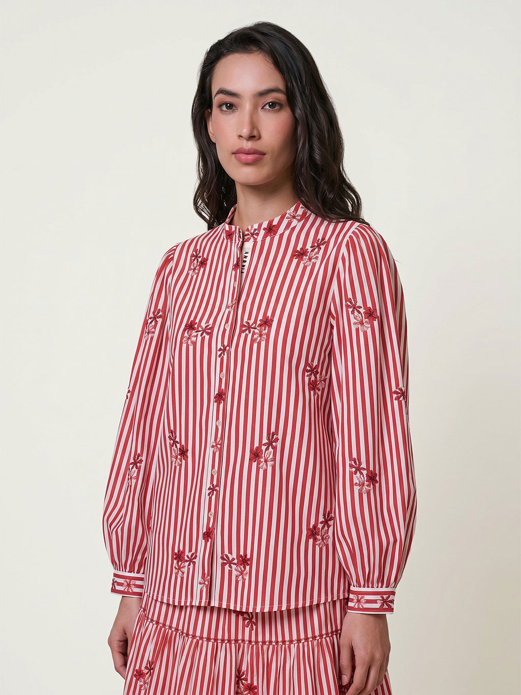 Amaryllis Blouse Flower Embroidery on Red Stripes