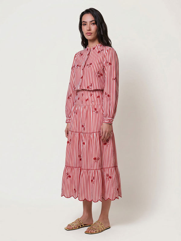 Amaryllis Blouse Flower Embroidery on Red Stripes