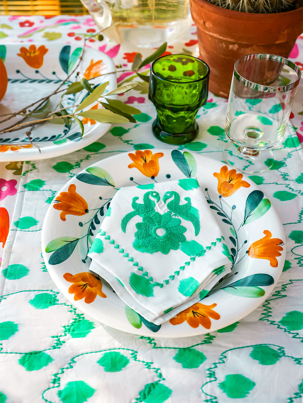 Napkin Dots Emerald Gujarat Birds Embroidery