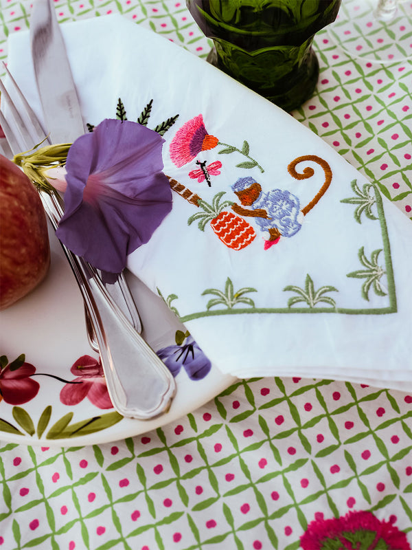 Napkin Monkey Embroidery on White