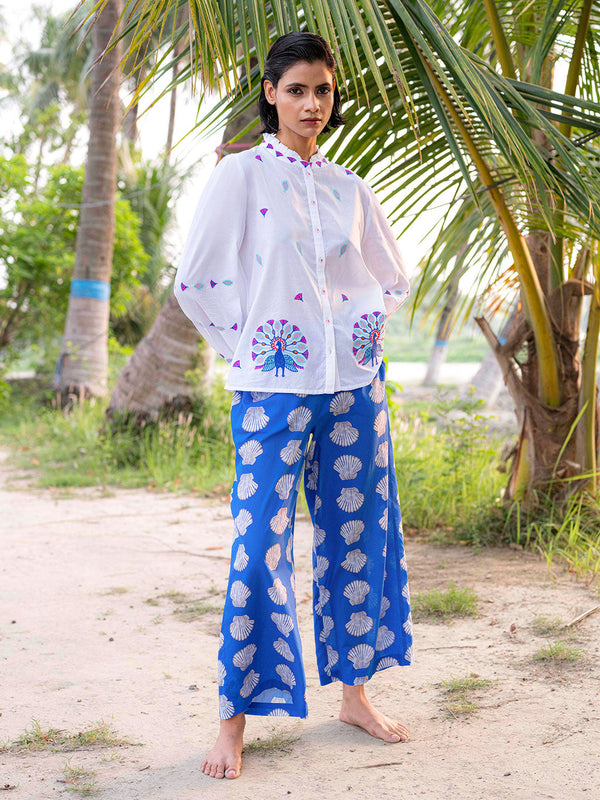 Purslane Blouse Peacock Embroidery on White