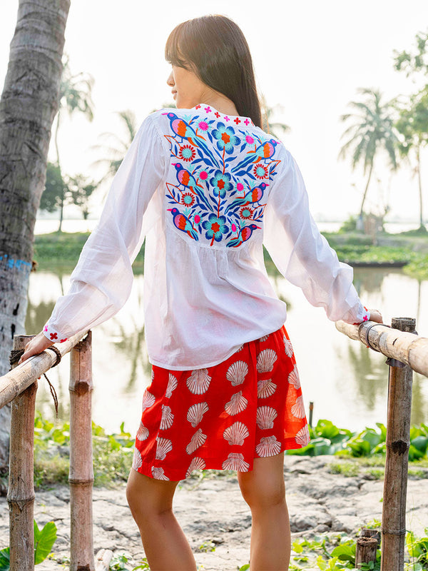 Catnep Blouse Blue Birds Embroidery on White