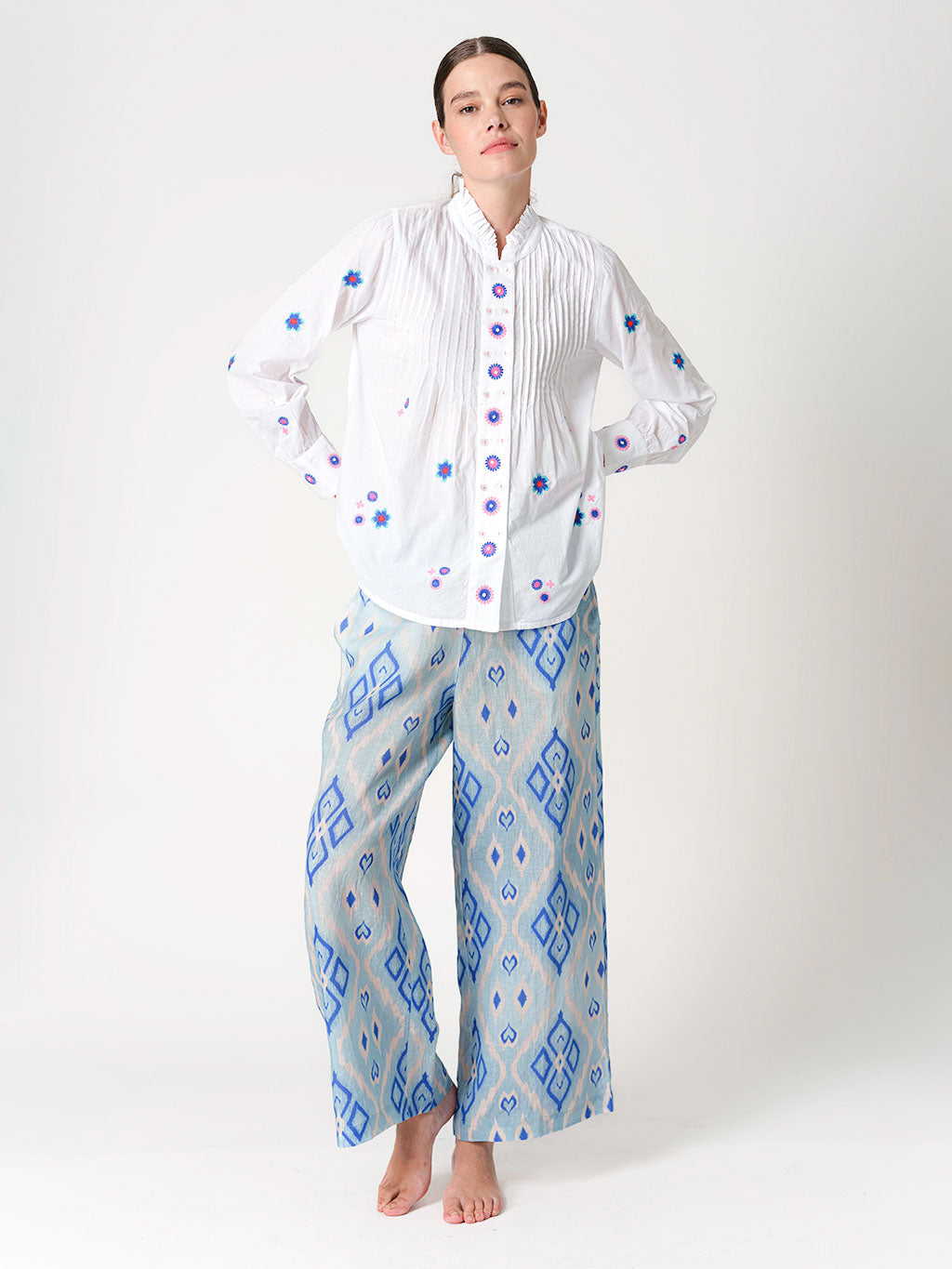 Nevis Mint Blouse Little Flowers Blue Embroidery on White