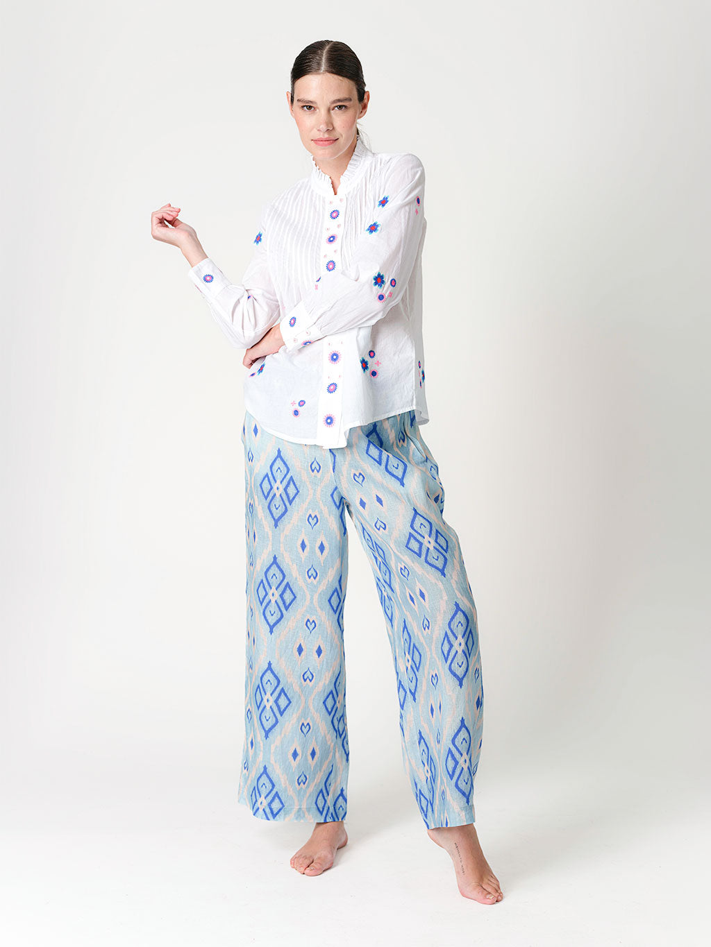 Nevis Mint Blouse Little Flowers Blue Embroidery on White