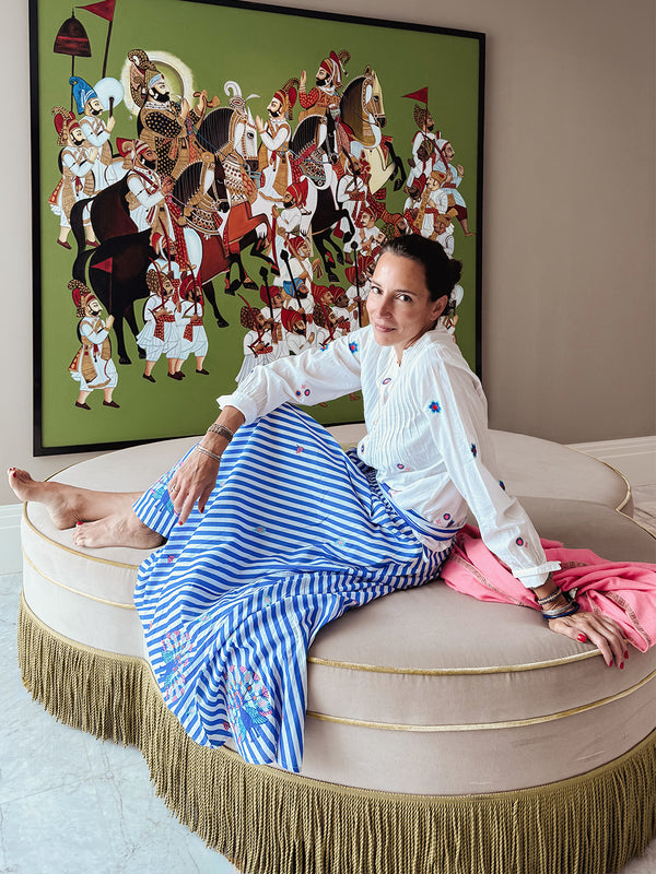 Elegant Mediterranean look featuring the Vanilla striped maxi skirt