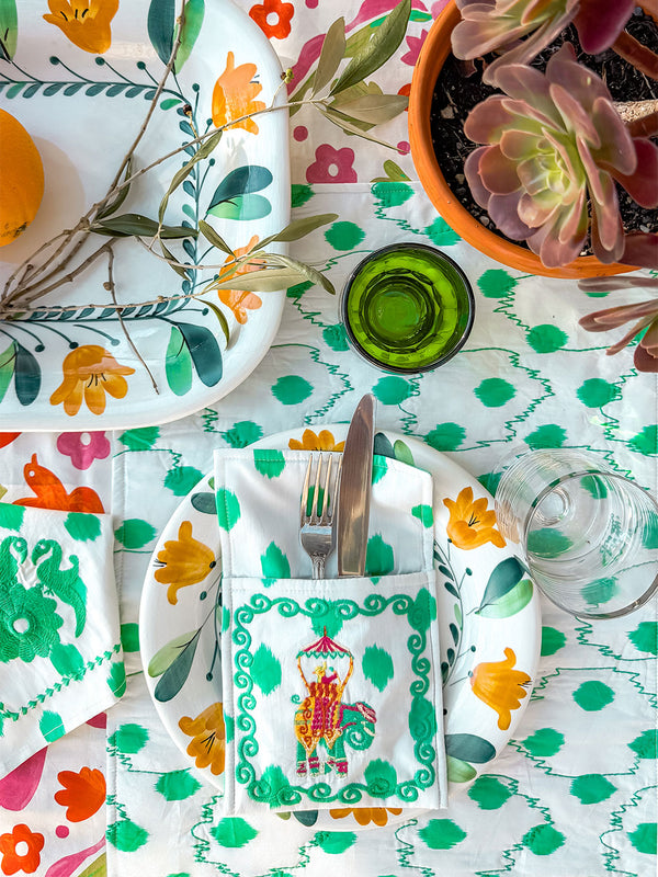 Cutlery Bag Dots Emerald Elephant Embroidery