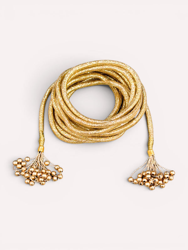 Long gold lurex cord belt with metallic bead tassels by Nimo With Love