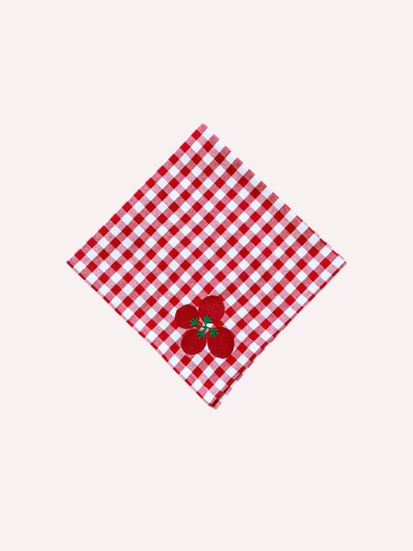 Nimo x Stefania Lettini embroidered napkin held by a diner, highlighting the premium linen-like texture.