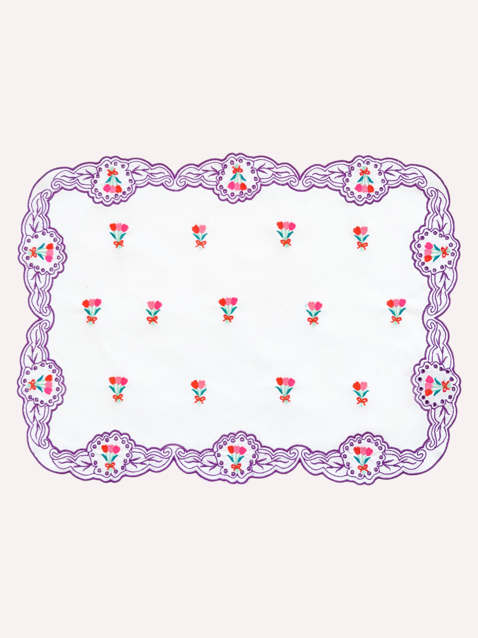 Placemat Spring Flower Embroidery on White