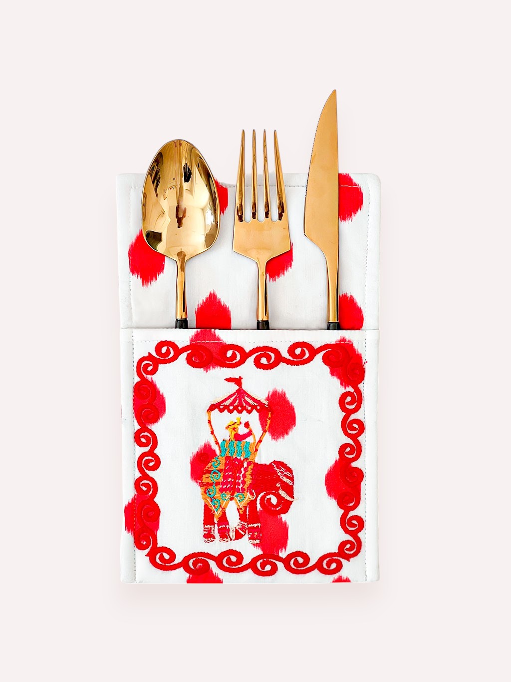 Embroidered elephant cutlery bag in red ikat dots by Nimo With Love