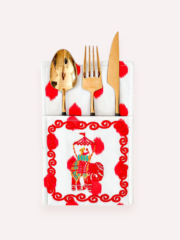 Embroidered elephant cutlery bag in red ikat dots by Nimo With Love