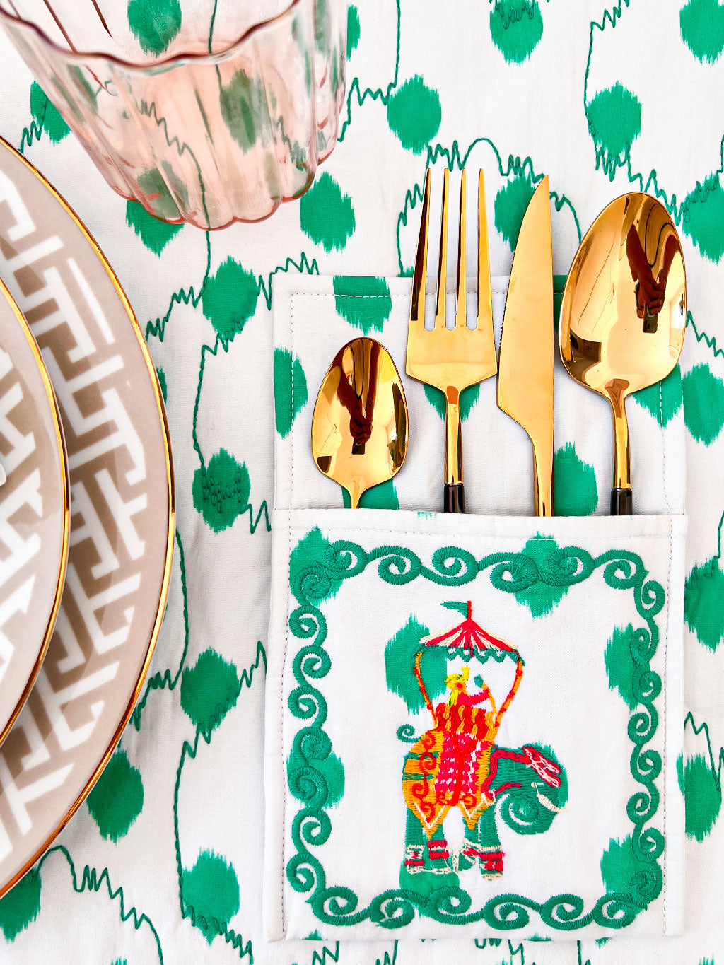 Cutlery Bag Dots Emerald Elephant Embroidery