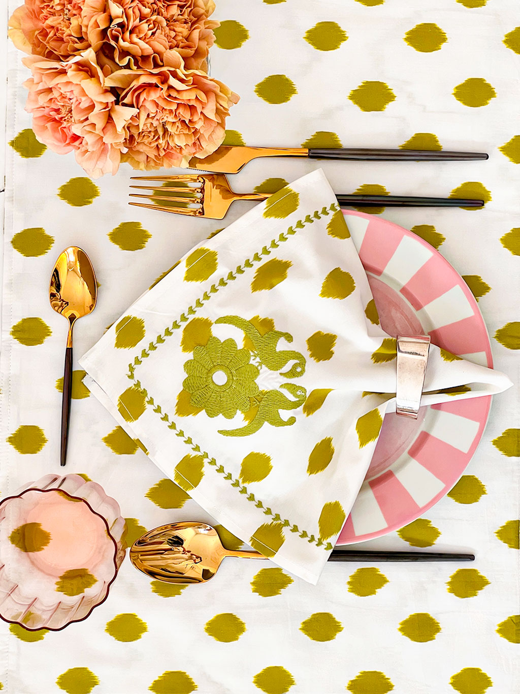 Sophisticated tablescape with Nimo With Love green embroidered linens