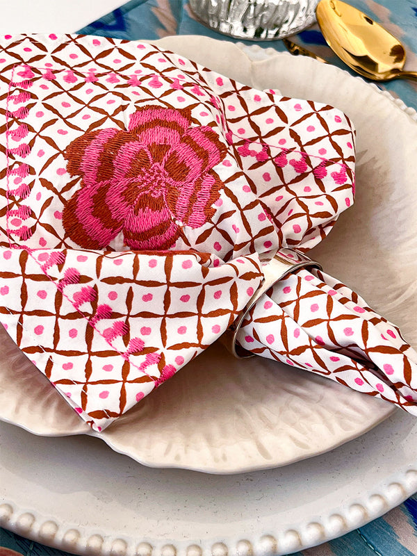 Napkin Dotty Mustard Peony Embroidery