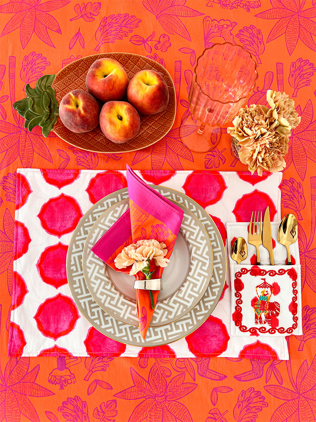 lifestyle table setting with hand-printed quilted placemat