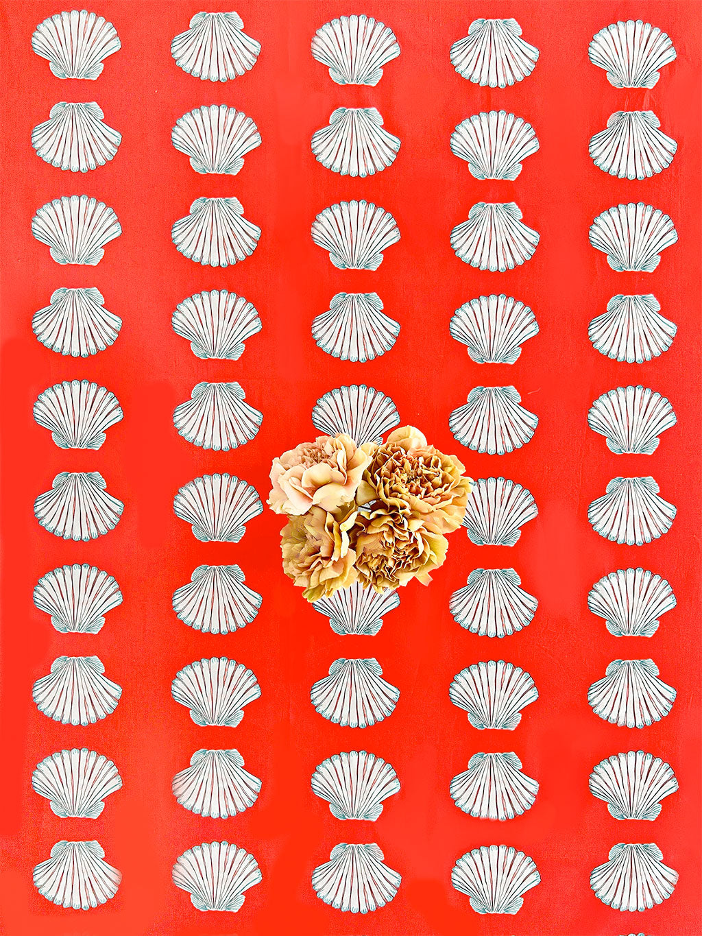 Detailed view of hand-printed seashell motif
