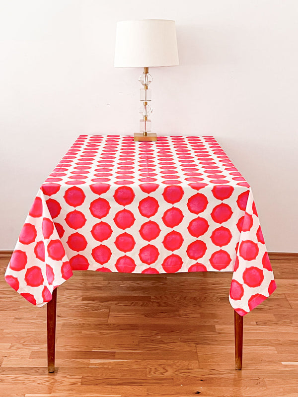 Ikat pink orange linen tablecloth by Nimo With Love