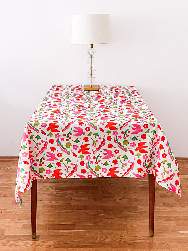 Mexico floral organic cotton tablecloth in vibrant pink and red by Nimo With Love