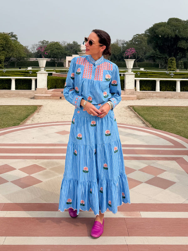 Blue Monkswood Skirt Blue Stripes Flower Embroidery