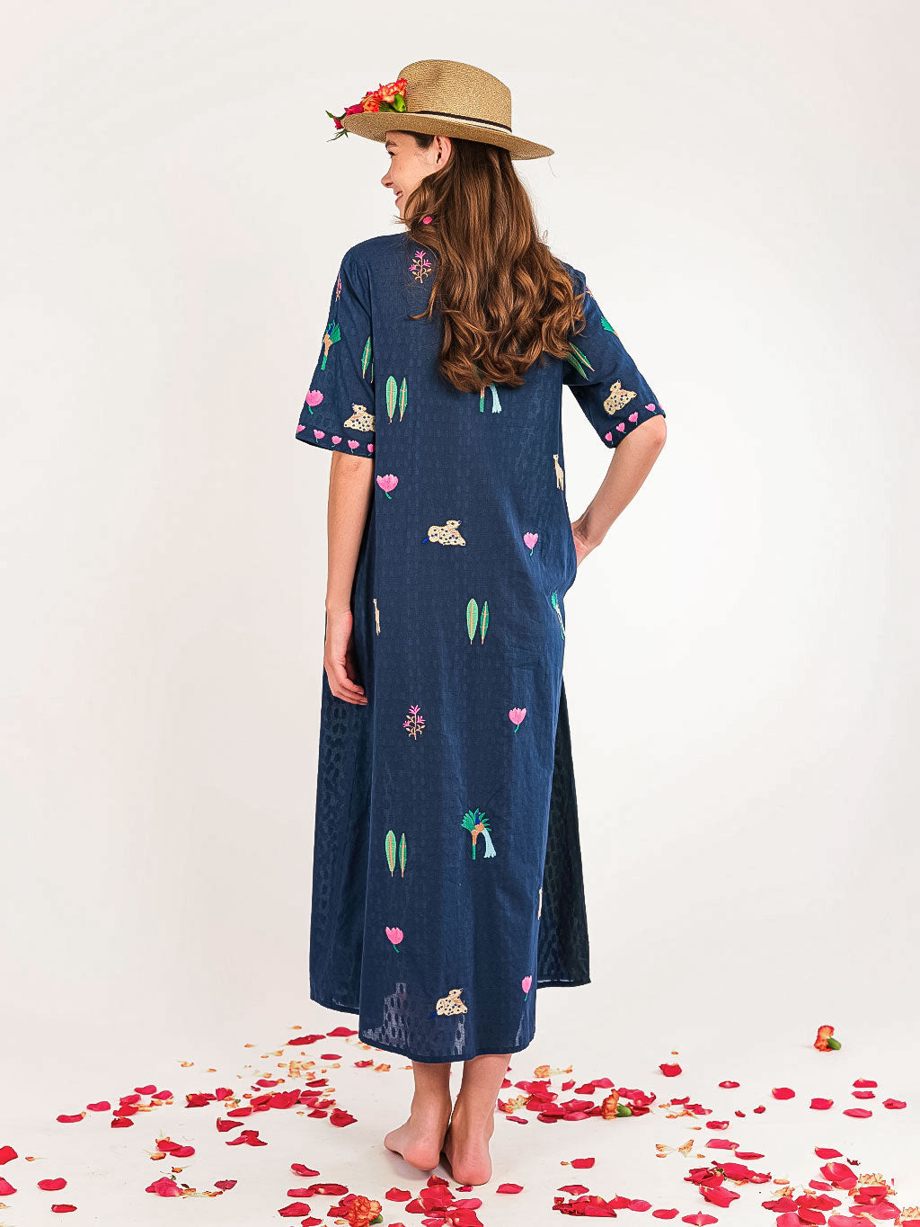 Cassia Dress Little Jungle Embroidery on Navy