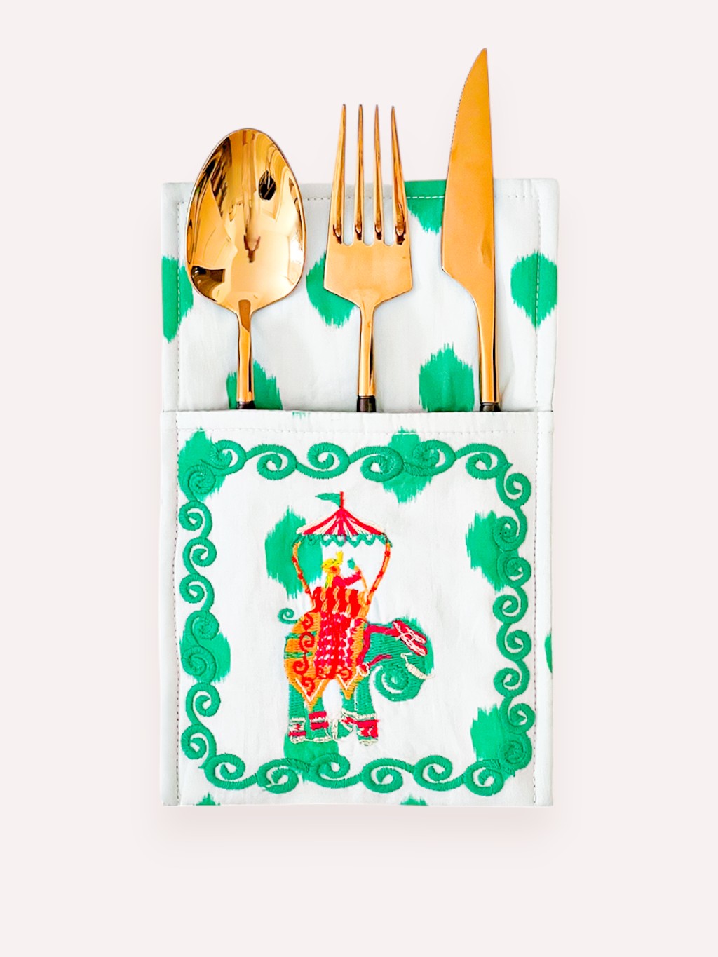 Cutlery Bag Dots Emerald Elephant Embroidery