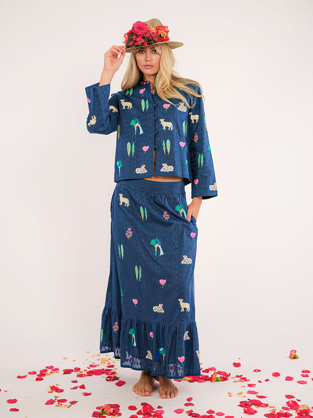 Goldenseal Skirt Little Jungle Embroidery on Navy