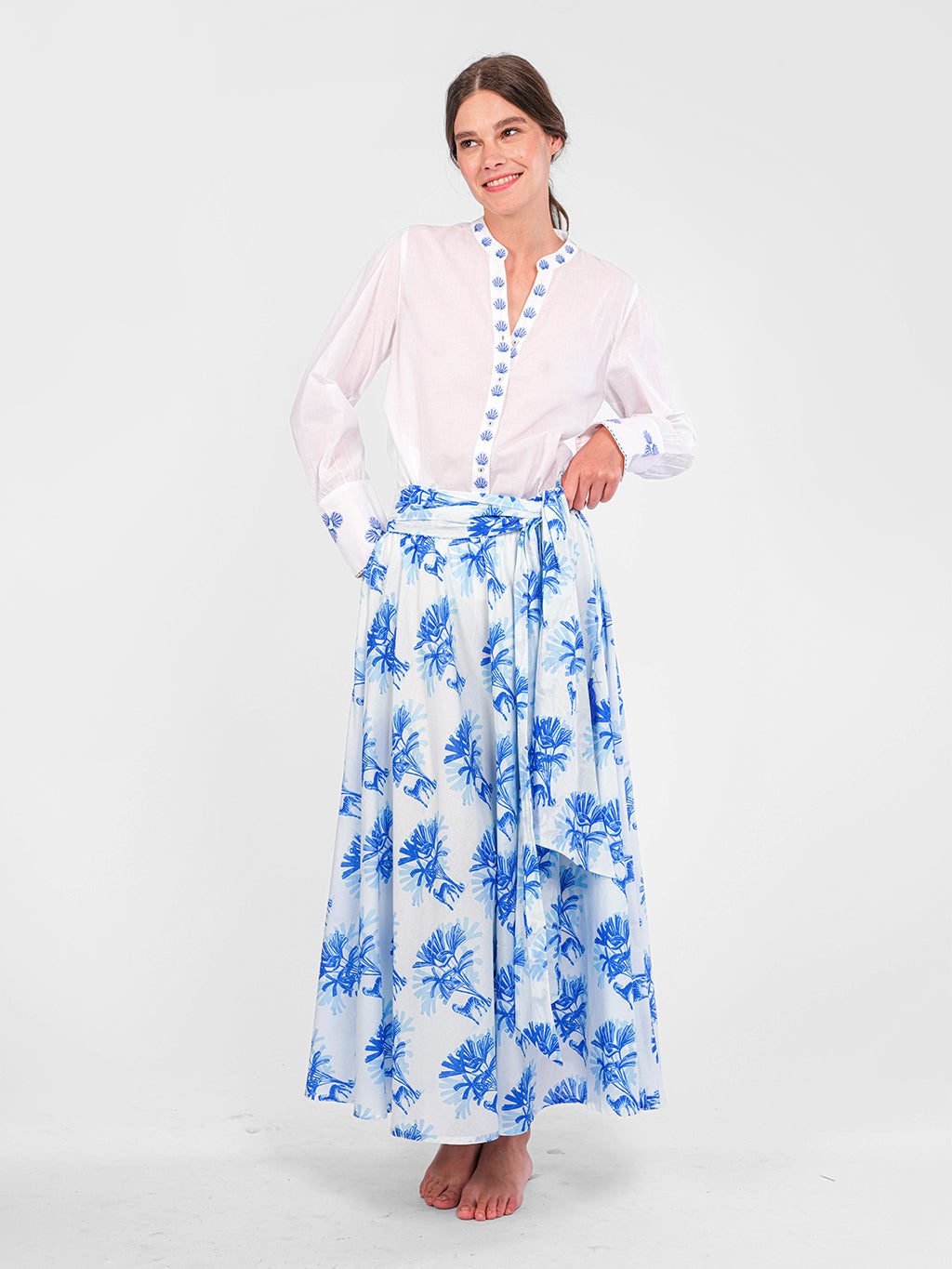 Soapwort Blouse Blue Shells Embroidery on White