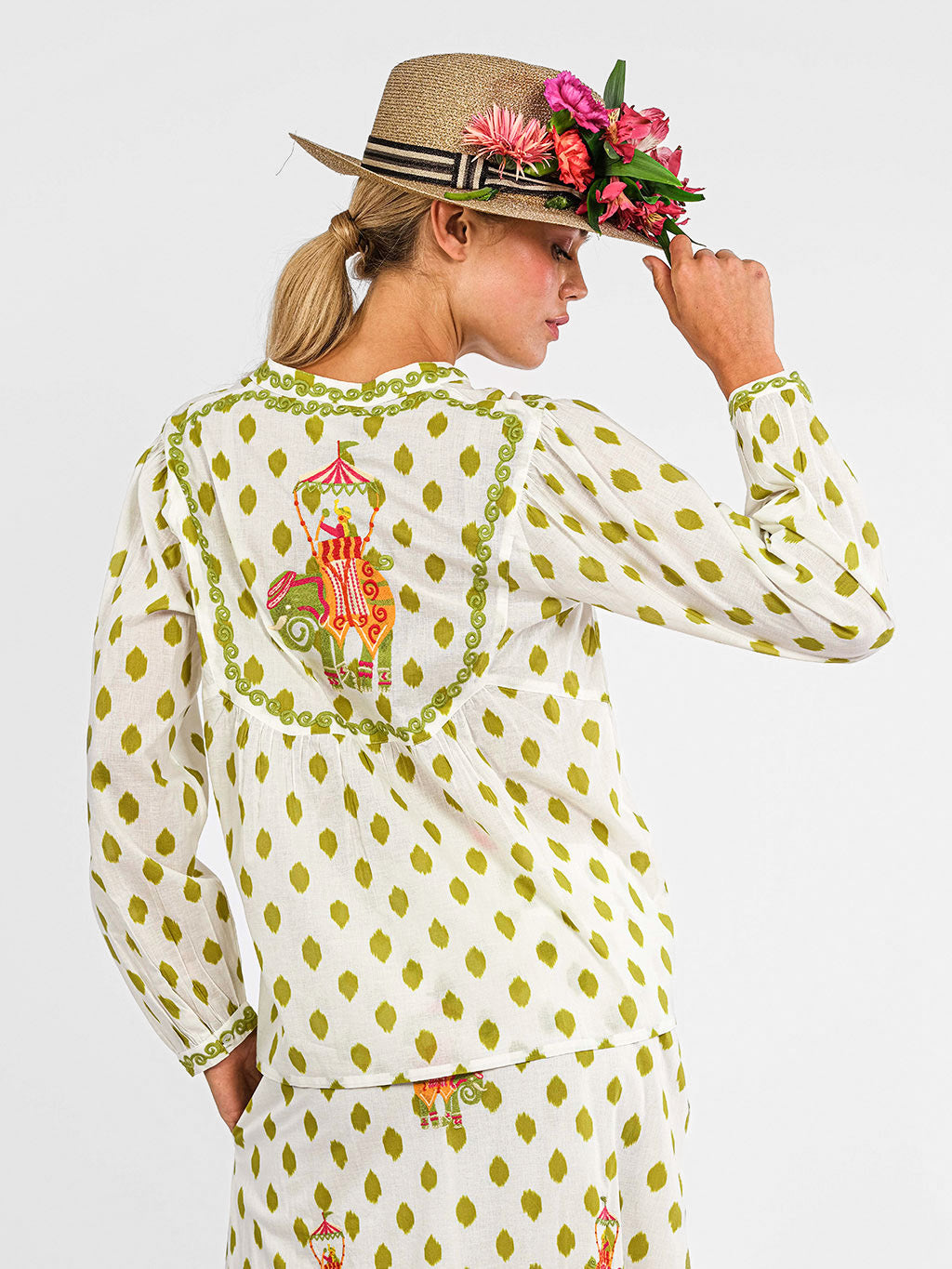 Catnep Blouse Dots Green Elephant Embroidery