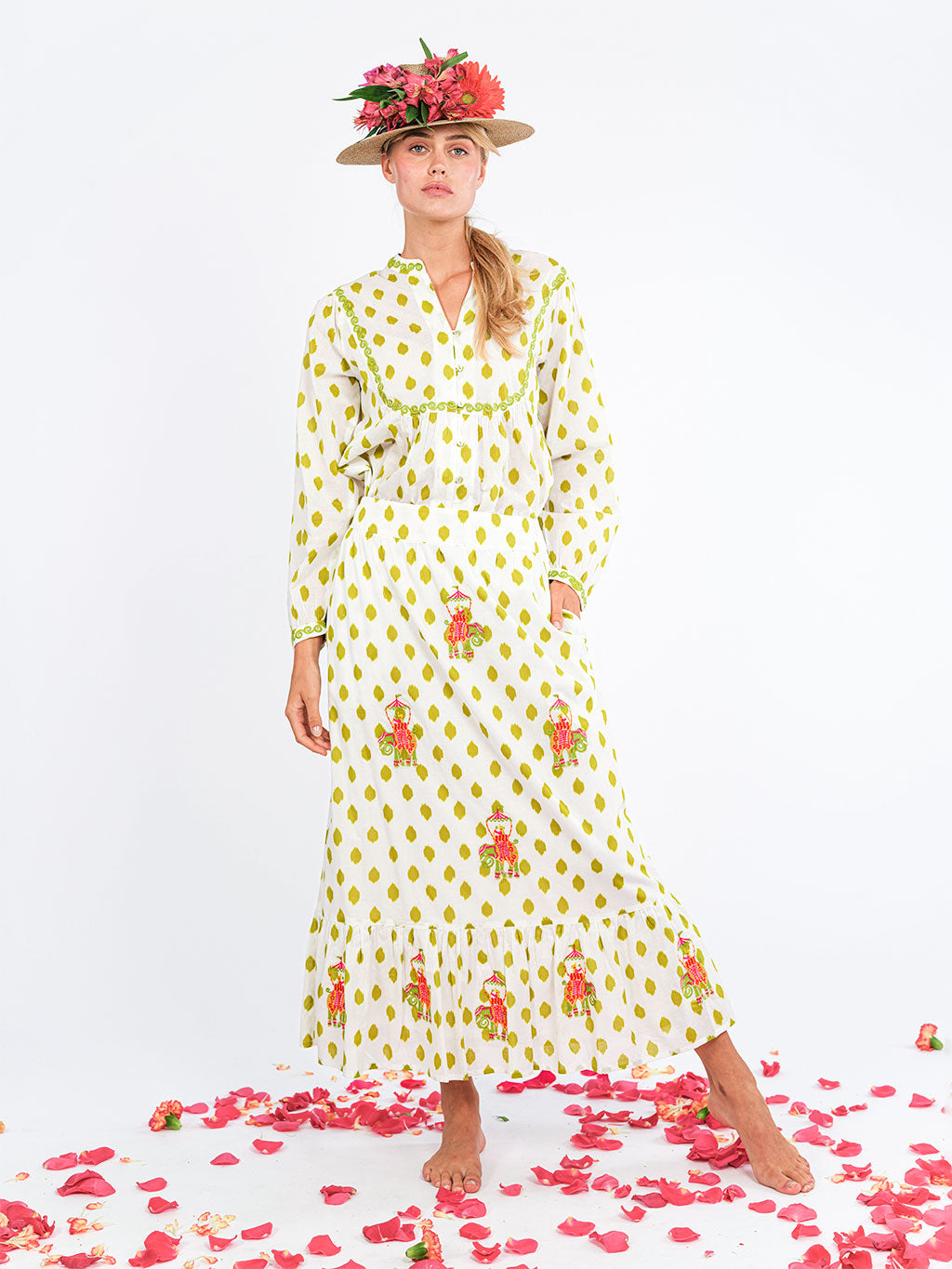 Goldenseal Skirt Dots Green Elephant Embroidery