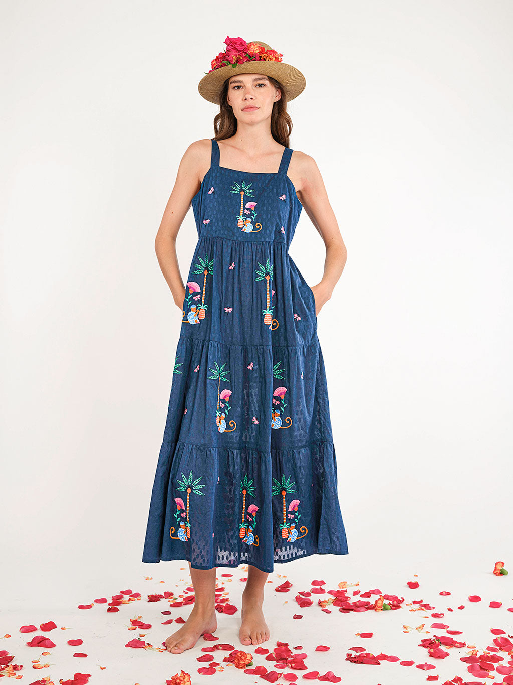 Cornflower Dress Monkey Embroidery on Navy