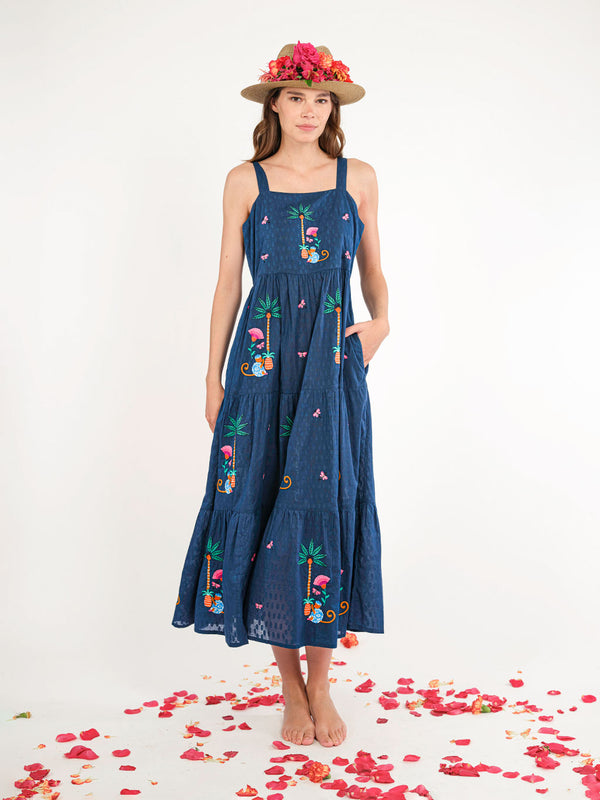 Cornflower Dress Monkey Embroidery on Navy