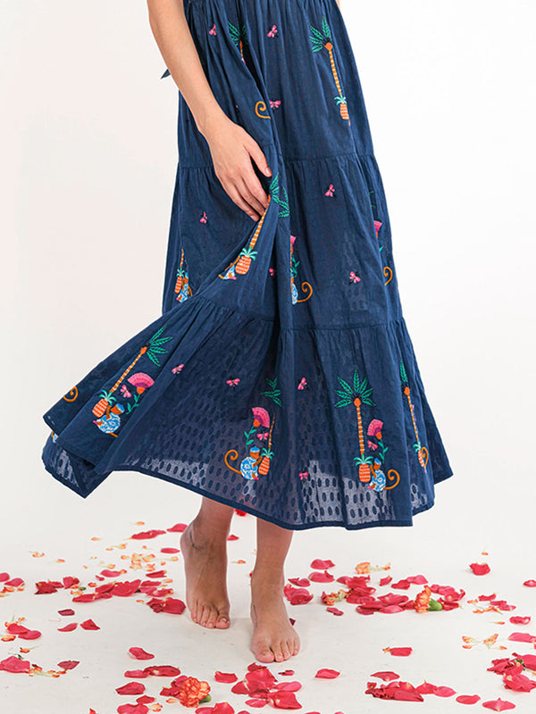 Cornflower Dress Monkey Embroidery on Navy