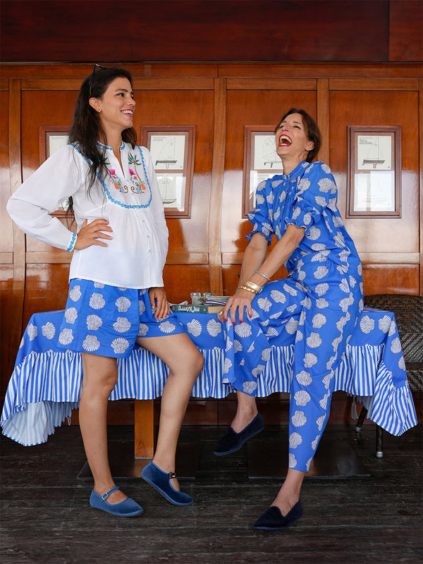 Table Cloth Shells on Blue with Ruffle