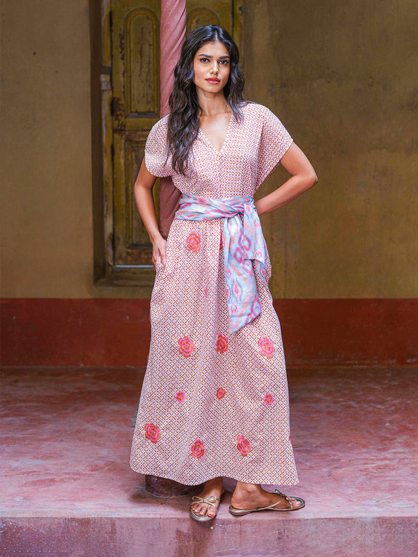Sea Cale Dress Dotty Mustard Peony Embroidery