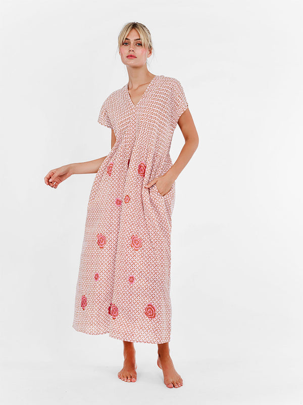 Sea Cale Dress Dotty Mustard Peony Embroidery