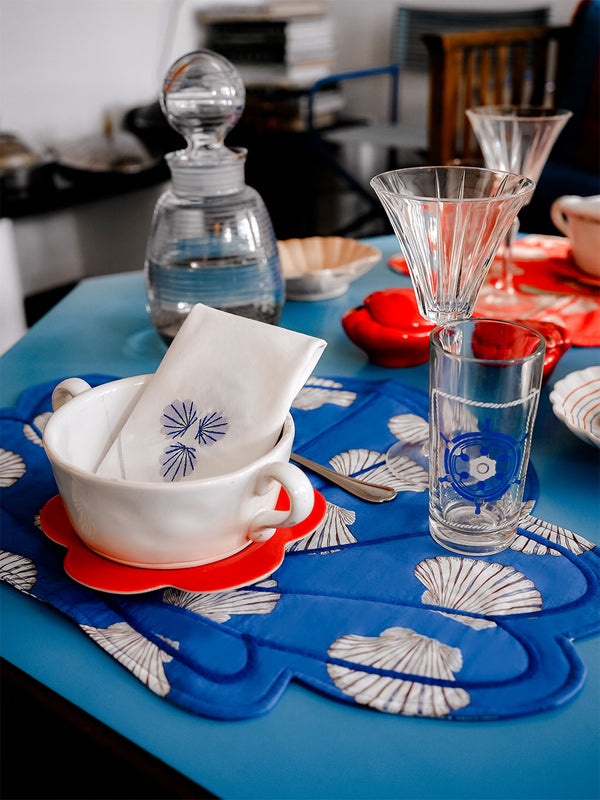 Napkin Blue Shell Embroidery on White