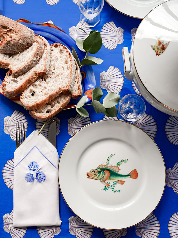 Table Cloth Shells on Blue with Ruffle